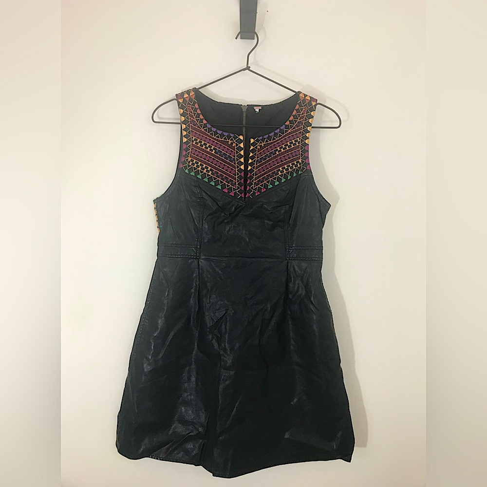 Free People vegan leather dress with bright embroidery